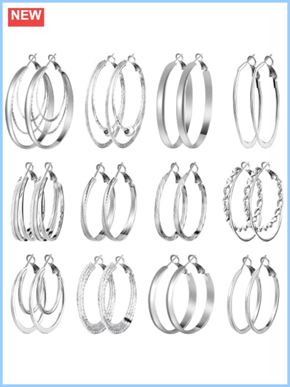 12 Pairs Hoop Earrings Stainless Steel Alloy Set 30mm 40mm 50mm Women Jewelry